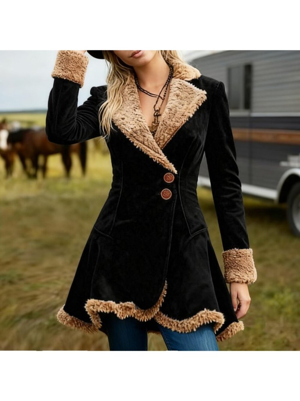 Women's Black Faux Leather Long Sleeve Casual Outfits Slim Fit Fleece Jackets - Picture 3 of 5